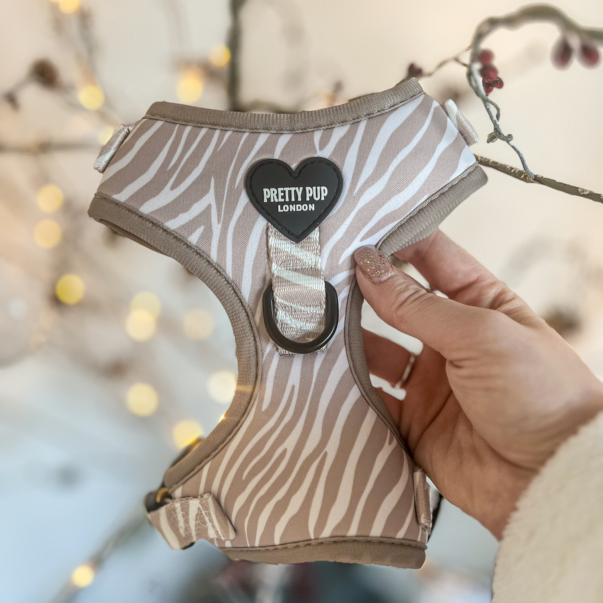 beige zebra print dog harness being held up to the camera