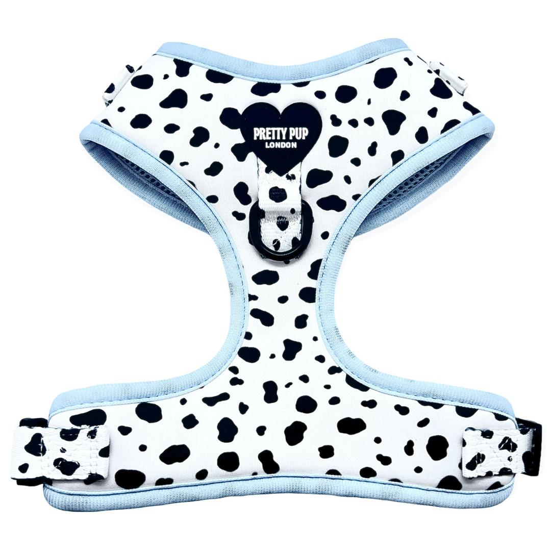 light blue dalmatian print adjustable dog harness
