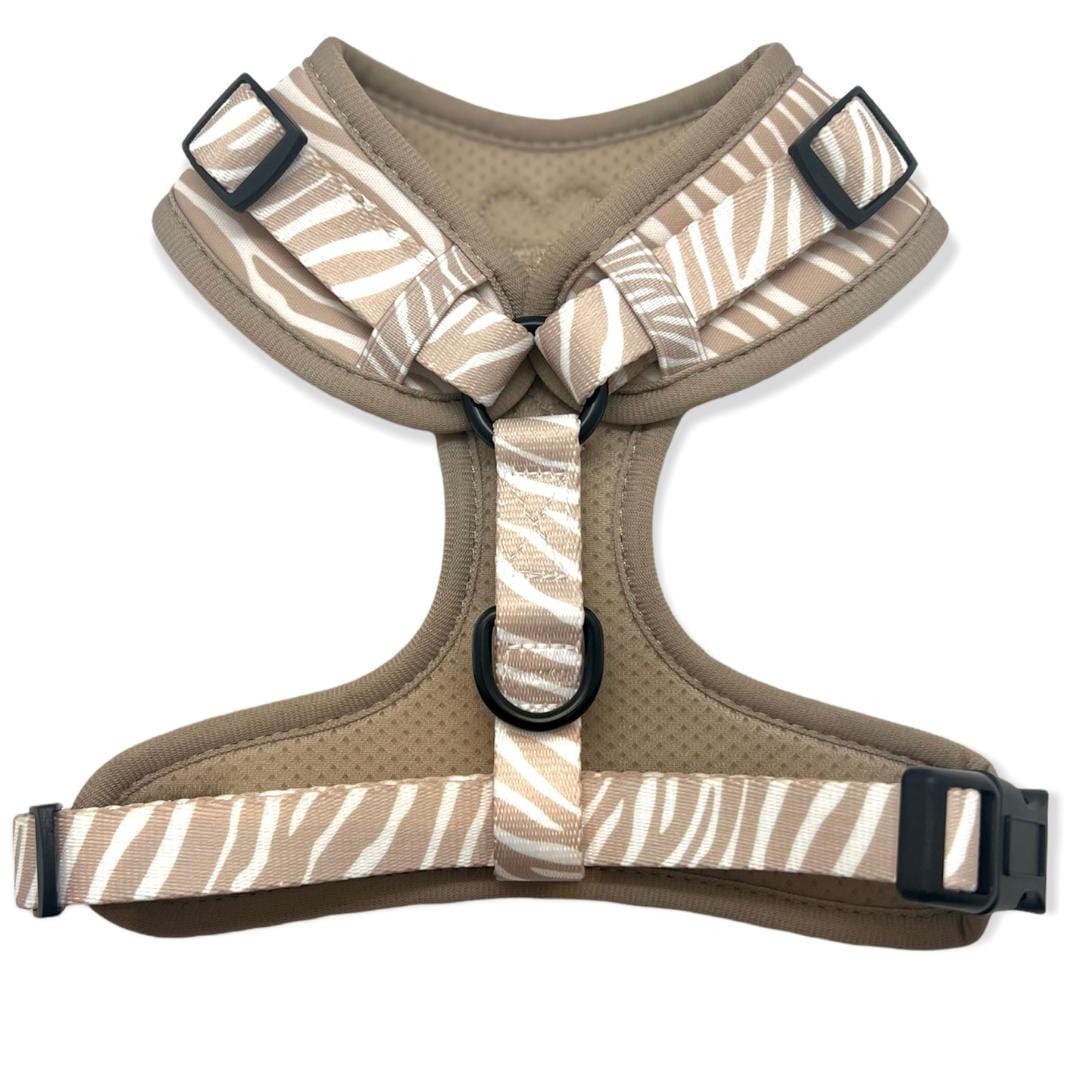 designer dog harness with beige zebra stripes by pretty pup london